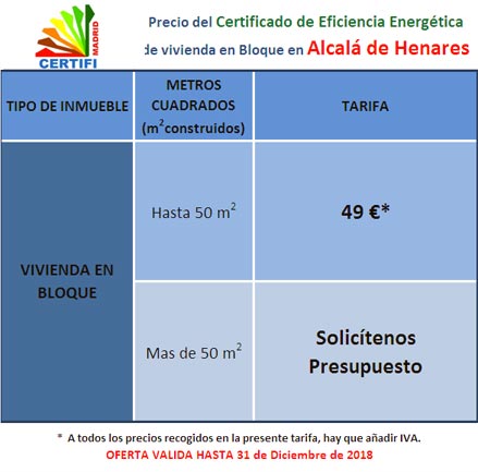 Precio de Certificado Energetico en Alcalá de Henares (Madrid) para vivienda en bloque desde 49 euros