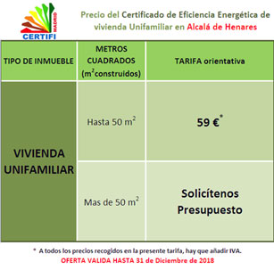 Precio de Certificado Energetico en Alcalá de Henares (Madrid) para vivienda unifamiliar